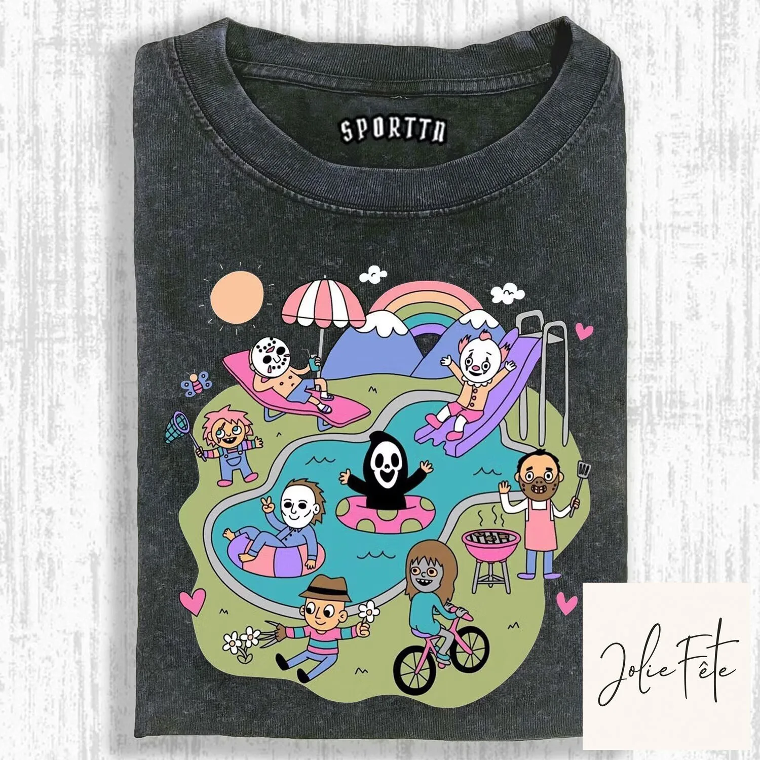 Horror Movie Characters Pool Party T-Shirt, Funny Slasher Film Summer Tee