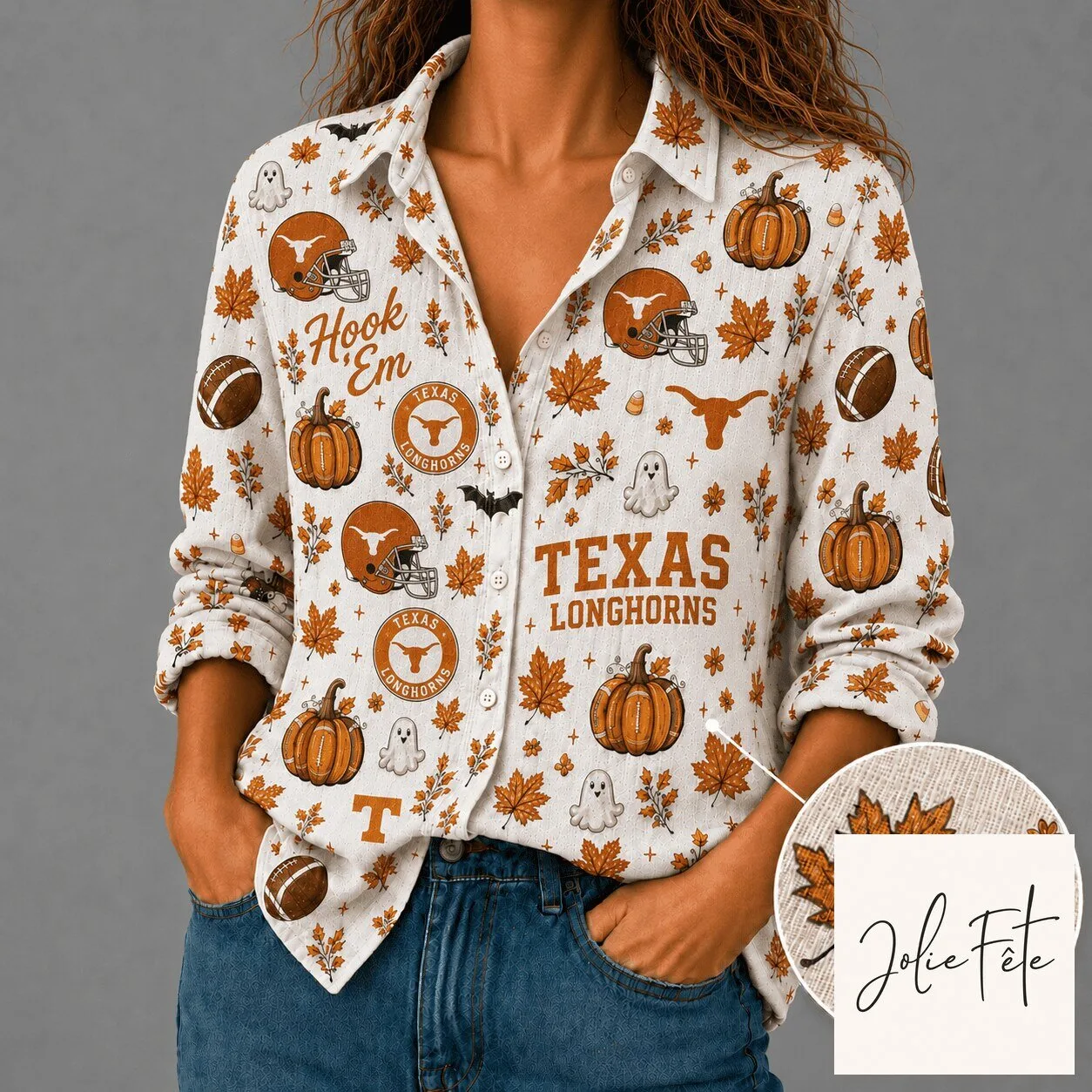 Texas Longhorns Autumn Halloween Pumpkin Leaves Button Down Shirt 2 Texas Longhorns Autumn Halloween Pumpkin Leaves Button Down Shirt