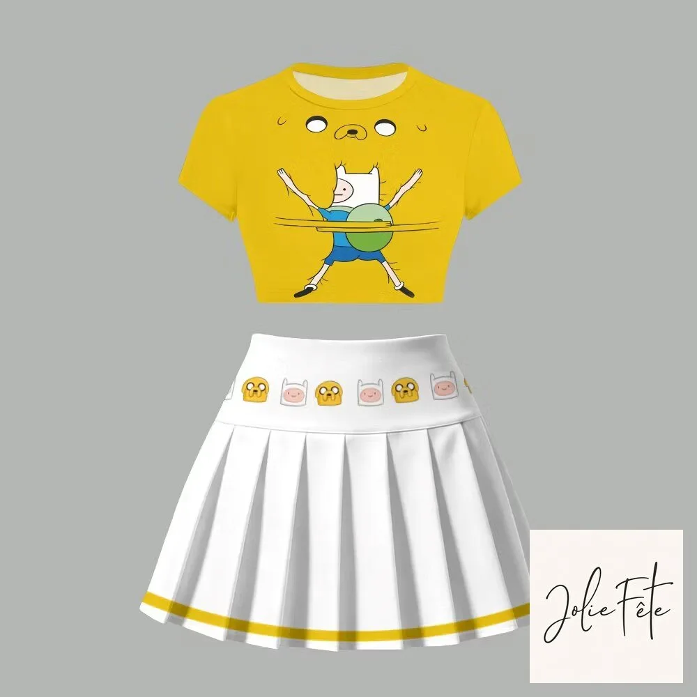 Adventure Time Finn and Jake Cartoon Character Crop Top and Pleated Skirt Set