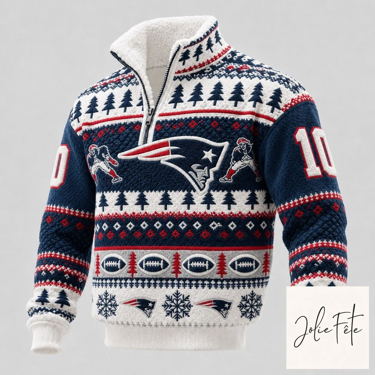 New England Patriots Ugly Christmas Holiday Quarter-Zip Fleece Lined Pullover Sweatshirt