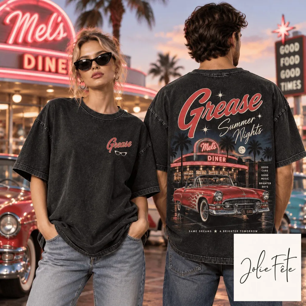 Grease Summer Nights Vintage Diner Graphic T-Shirt for Movie Lovers Grease Summer Nights Vintage Diner Graphic T-Shirt for Movie Lovers