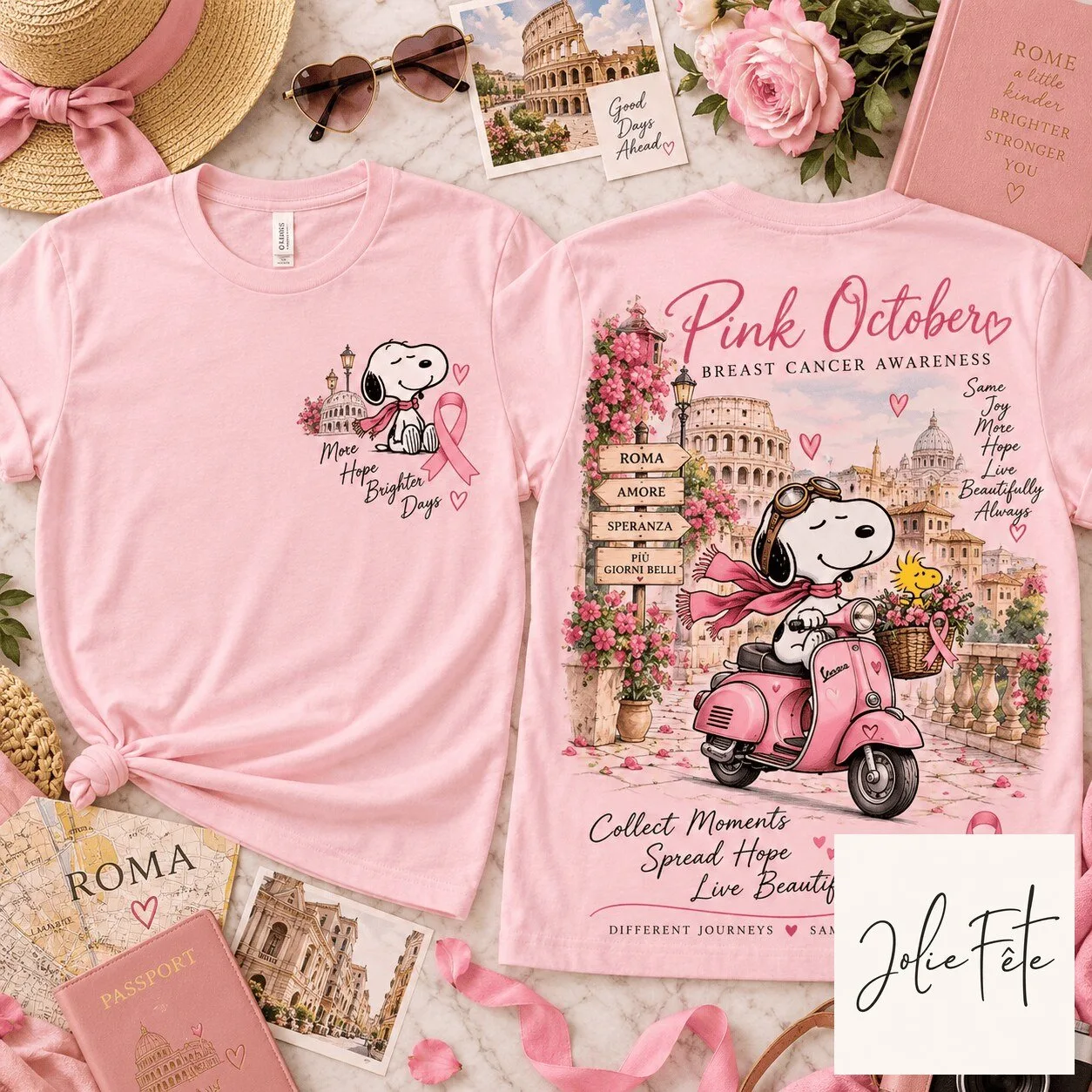 Snoopy Pink October Breast Cancer Awareness Rome Vespa T-Shirt 1 Snoopy Pink October Breast Cancer Awareness Rome Vespa T-Shirt
