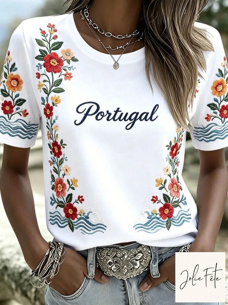 Portugal Football Match Cheering Embroidered Floral Women's T-Shirt