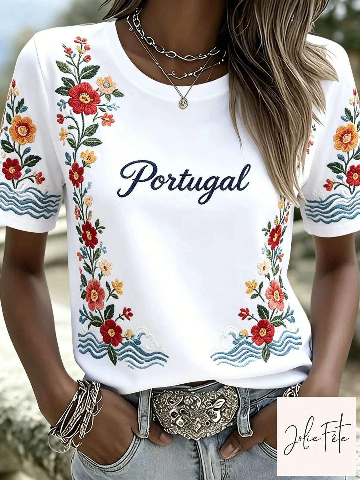 Portugal Football Match Cheering Embroidered Floral Women's T-Shirt