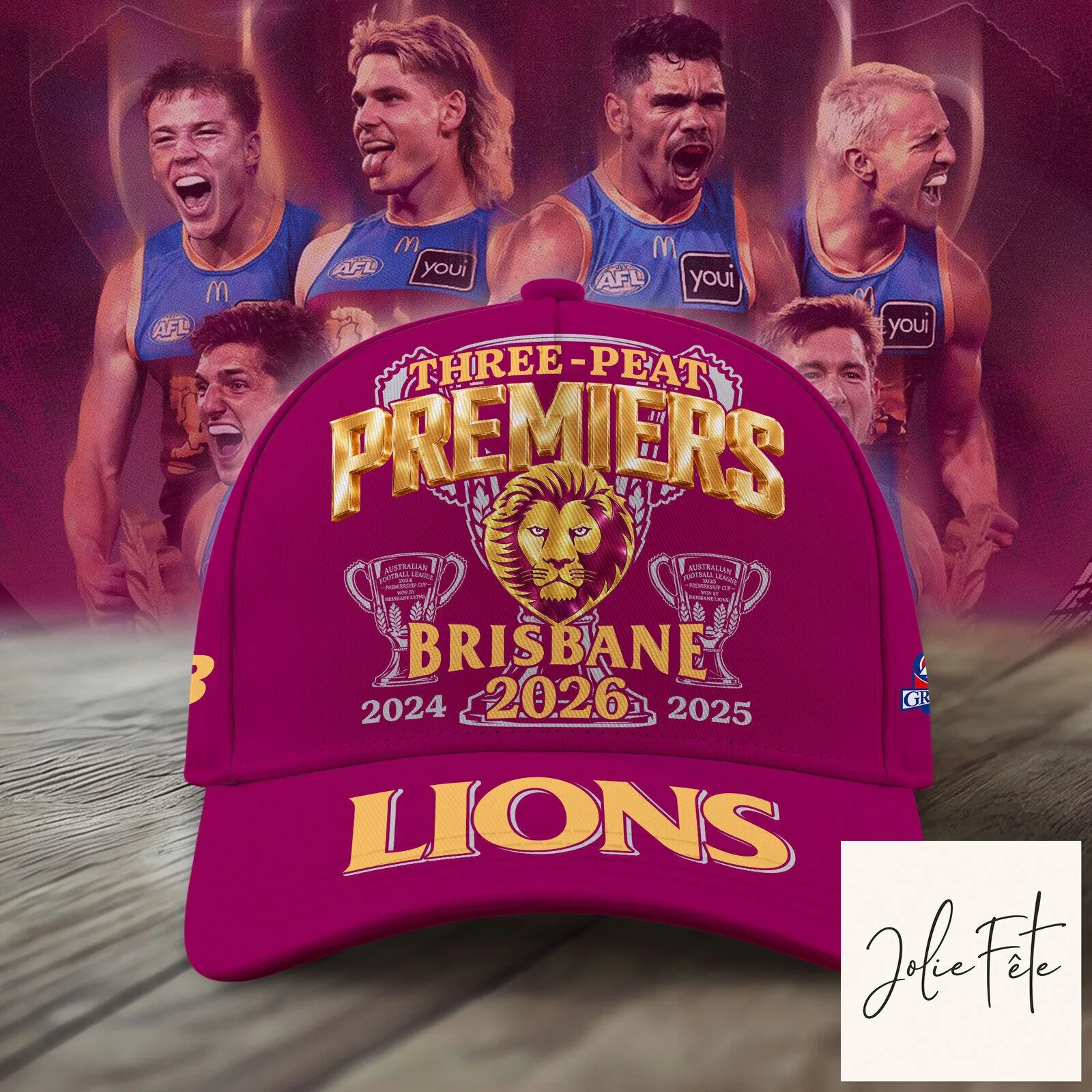 Brisbane Lions Three-Peat Premiers 2024 2025 2026 Baseball Cap Hat