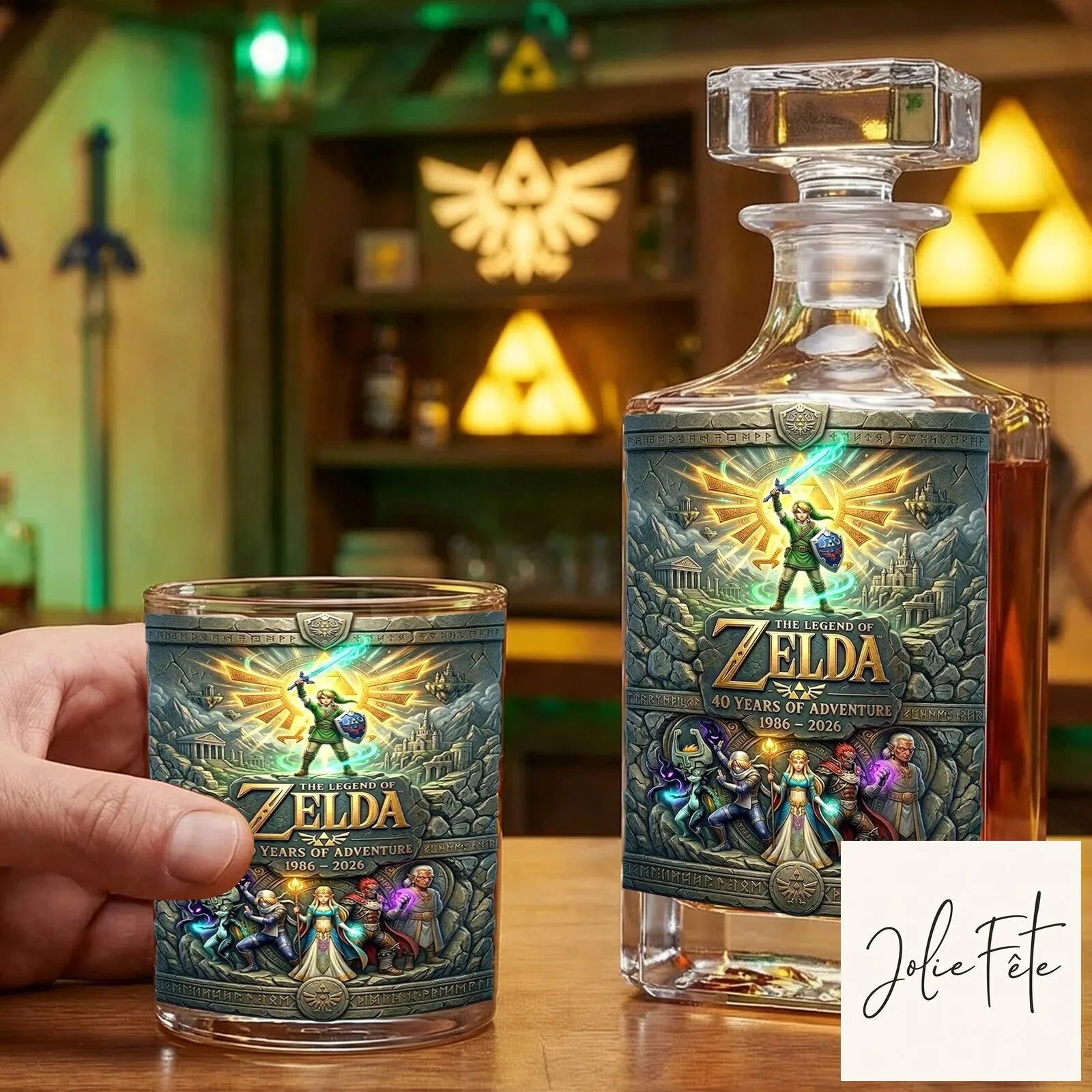 The Legend of Zelda 40 Years of Adventure Glass Decanter Set with Tumbler
