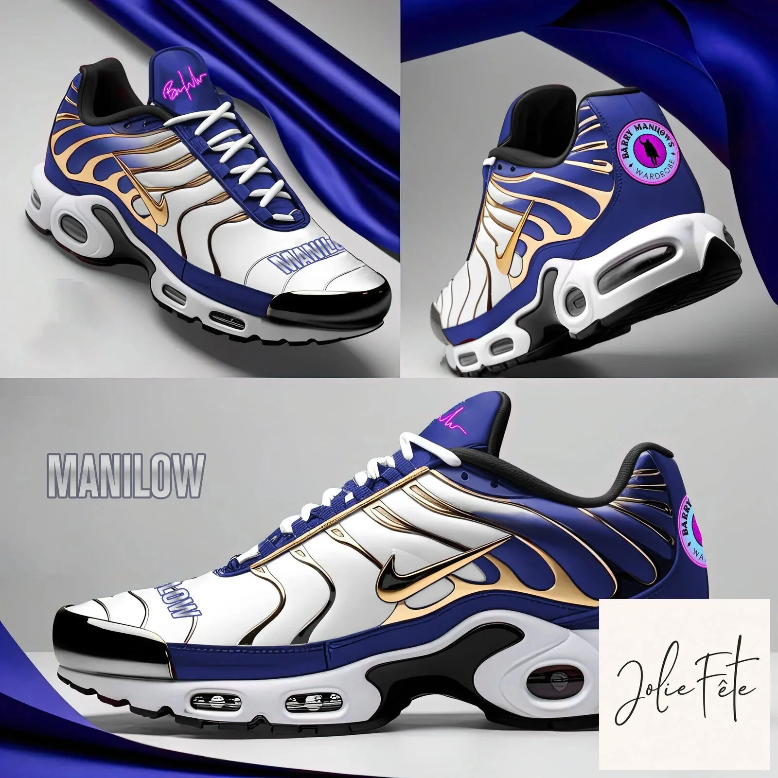Barry Manilow White and Blue Gold Tone Athletic Sneakers