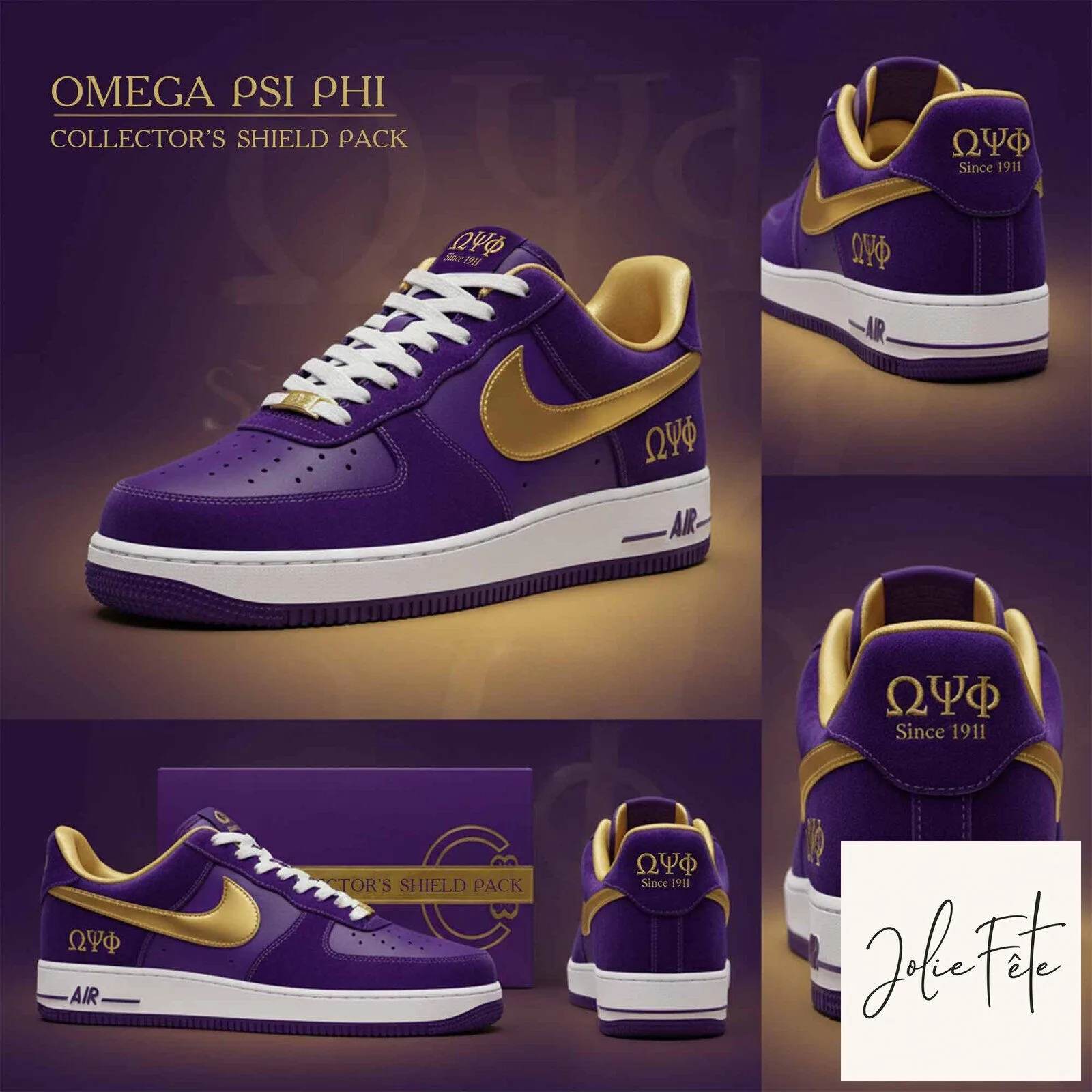 Omega Psi Phi Fraternity Gold and Purple Collector's Shield Pack Sneakers