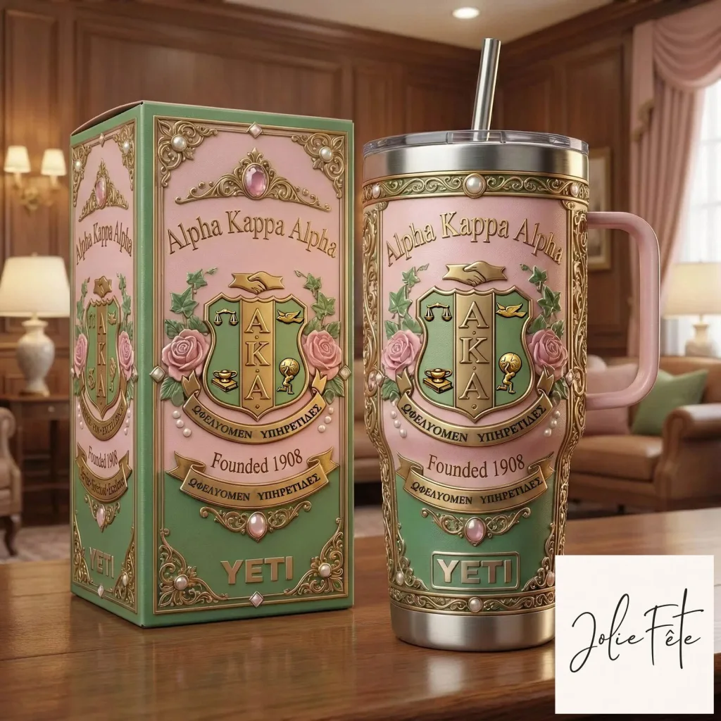 Alpha Kappa Alpha Sorority Pink and Green Crest Insulated Tumbler with Handle Alpha Kappa Alpha Sorority Pink and Green Crest Insulated Tumbler with Handle