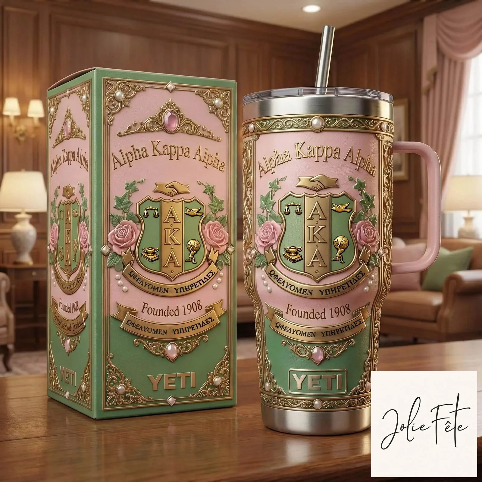 Alpha Kappa Alpha Sorority Pink and Green Crest Insulated Tumbler with Handle