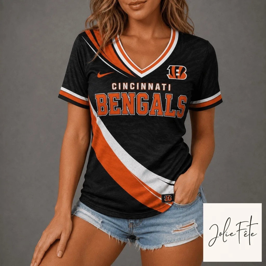 Cincinnati Bengals Women's Black and Orange Stripe V-Neck Fan T-Shirt Cincinnati Bengals Women's Black and Orange Stripe V-Neck Fan T-Shirt