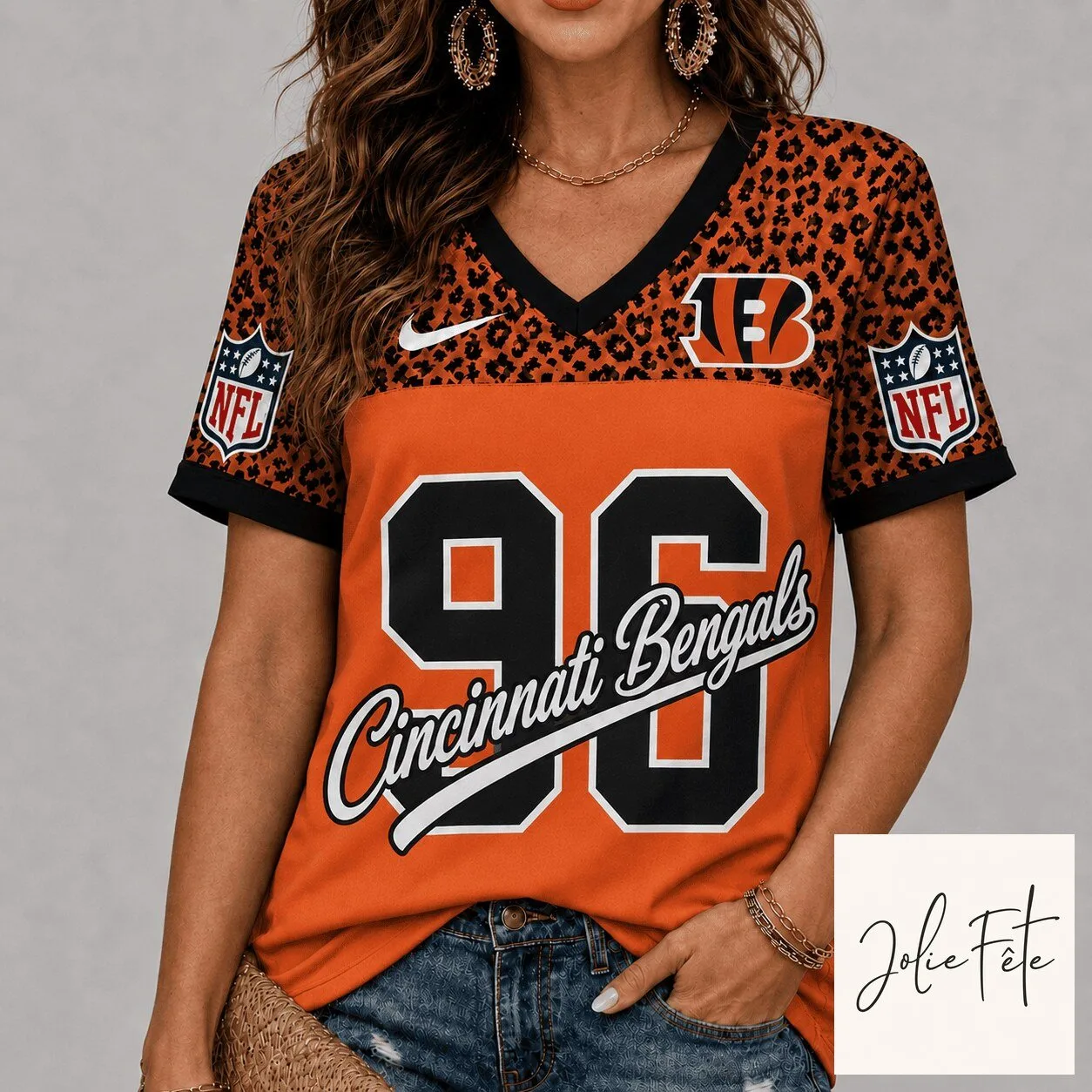 Cincinnati Bengals NFL Football Team Leopard Print V-Neck Short Sleeve Jersey 2 Cincinnati Bengals NFL Football Team Leopard Print V-Neck Short Sleeve Jersey
