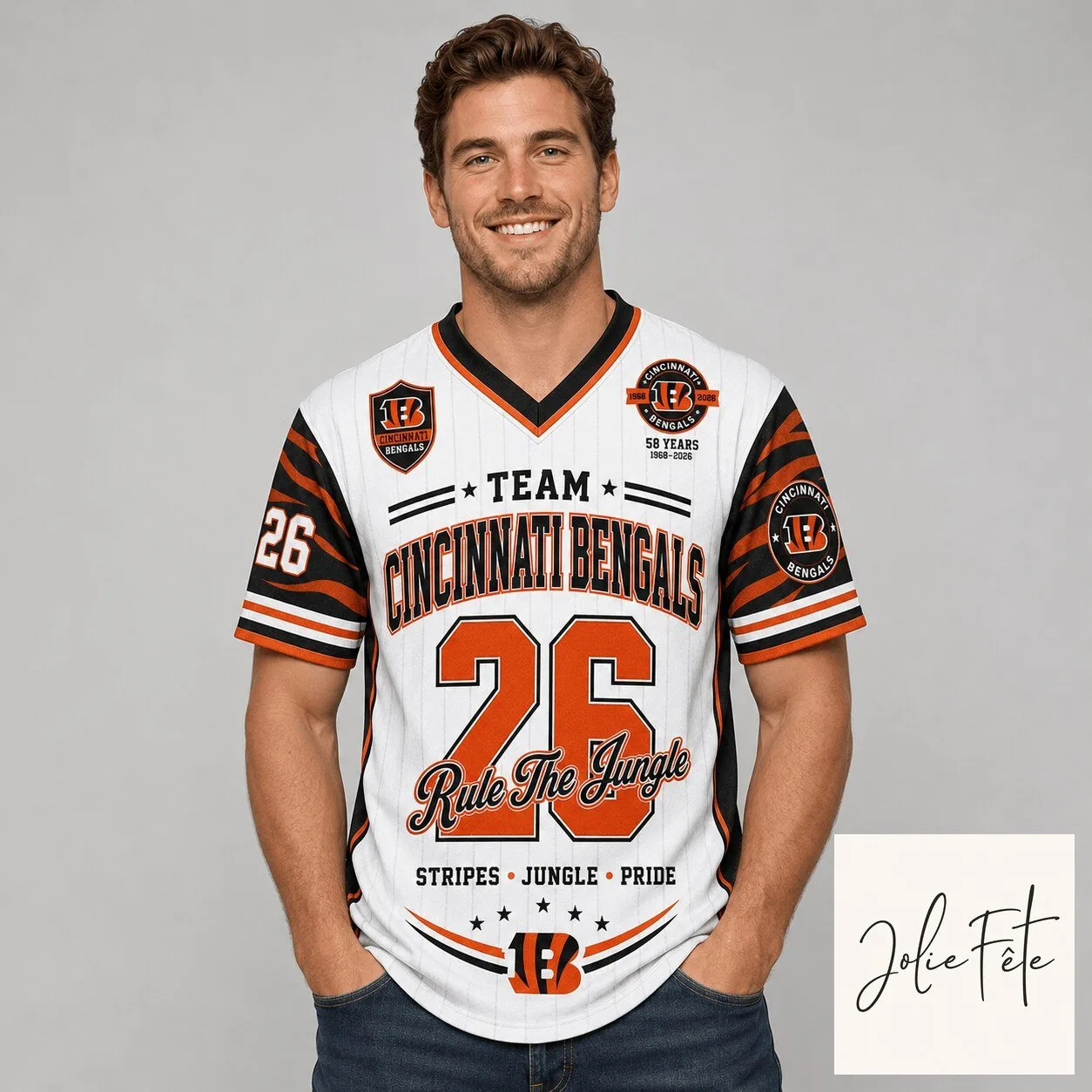 Cincinnati Bengals Rule The Jungle White Stripes V-Neck Baseball Jersey