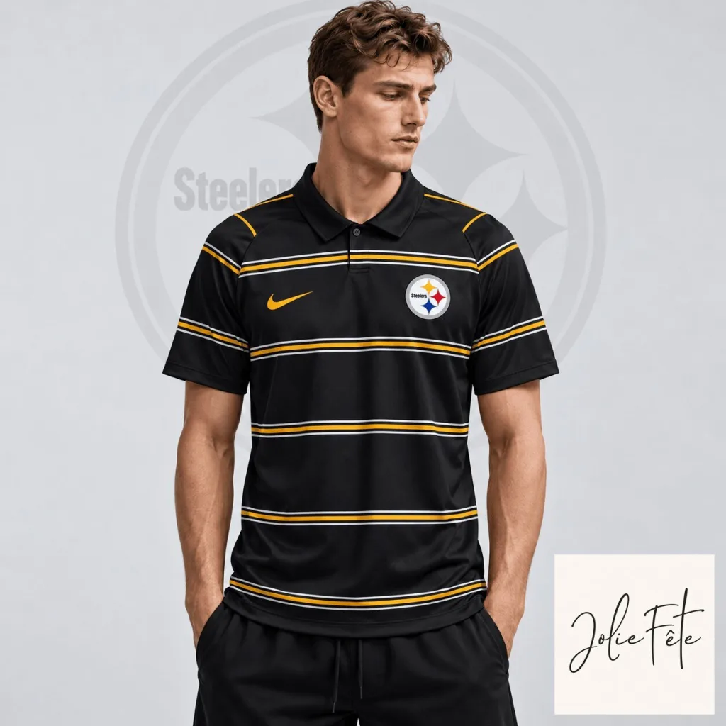 Pittsburgh Steelers National Football League Team Crest Black Striped Polo Shirt 9 Pittsburgh Steelers National Football League Team Crest Black Striped Polo Shirt