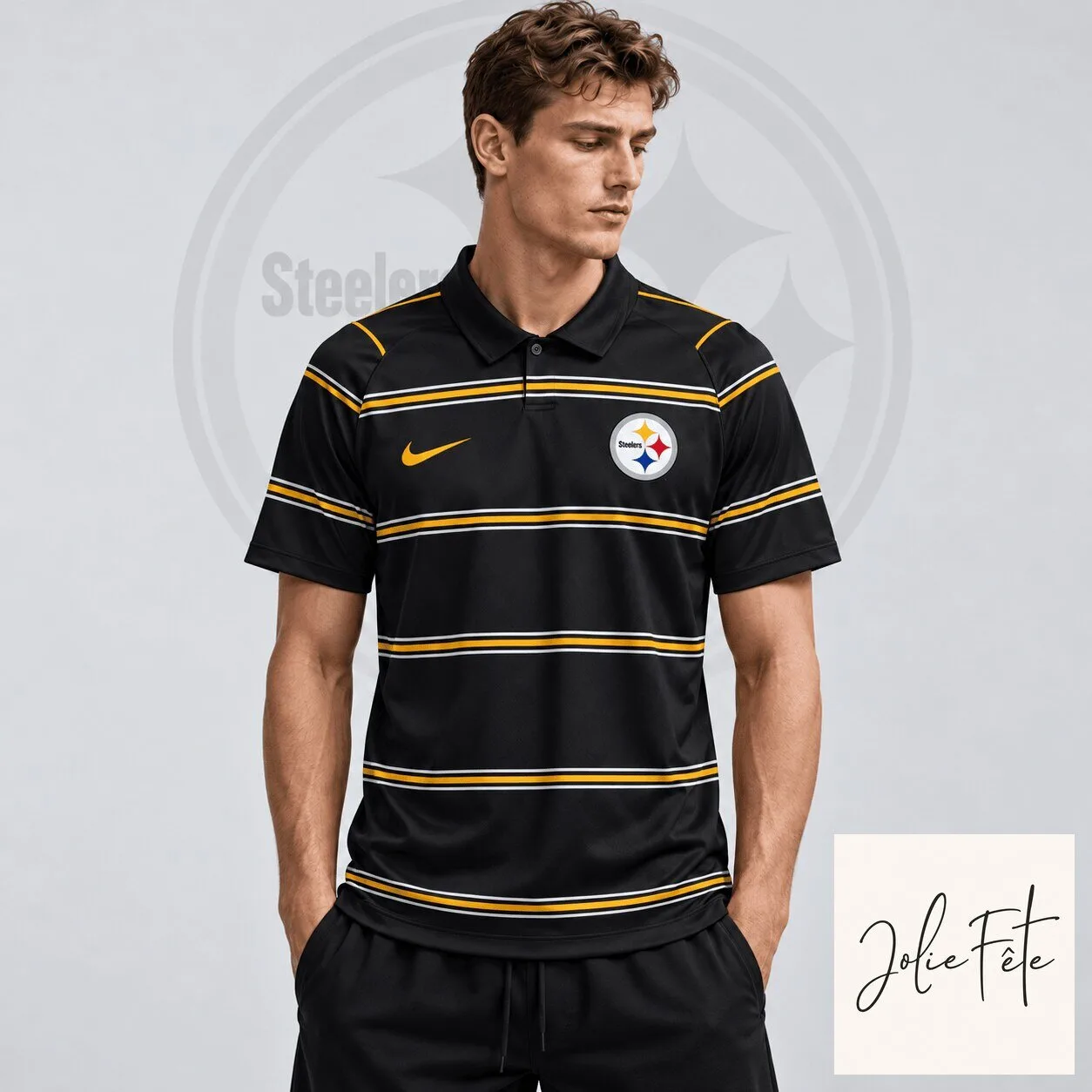 Pittsburgh Steelers National Football League Team Crest Black Striped Polo Shirt