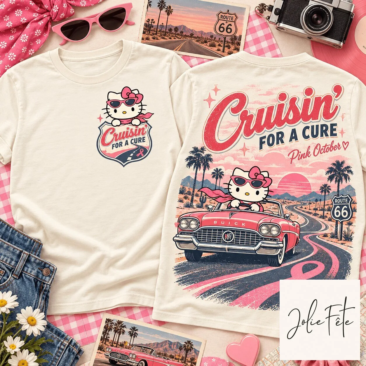 Hello Kitty Cruisin For A Cure Pink October Breast Cancer Awareness T-Shirt