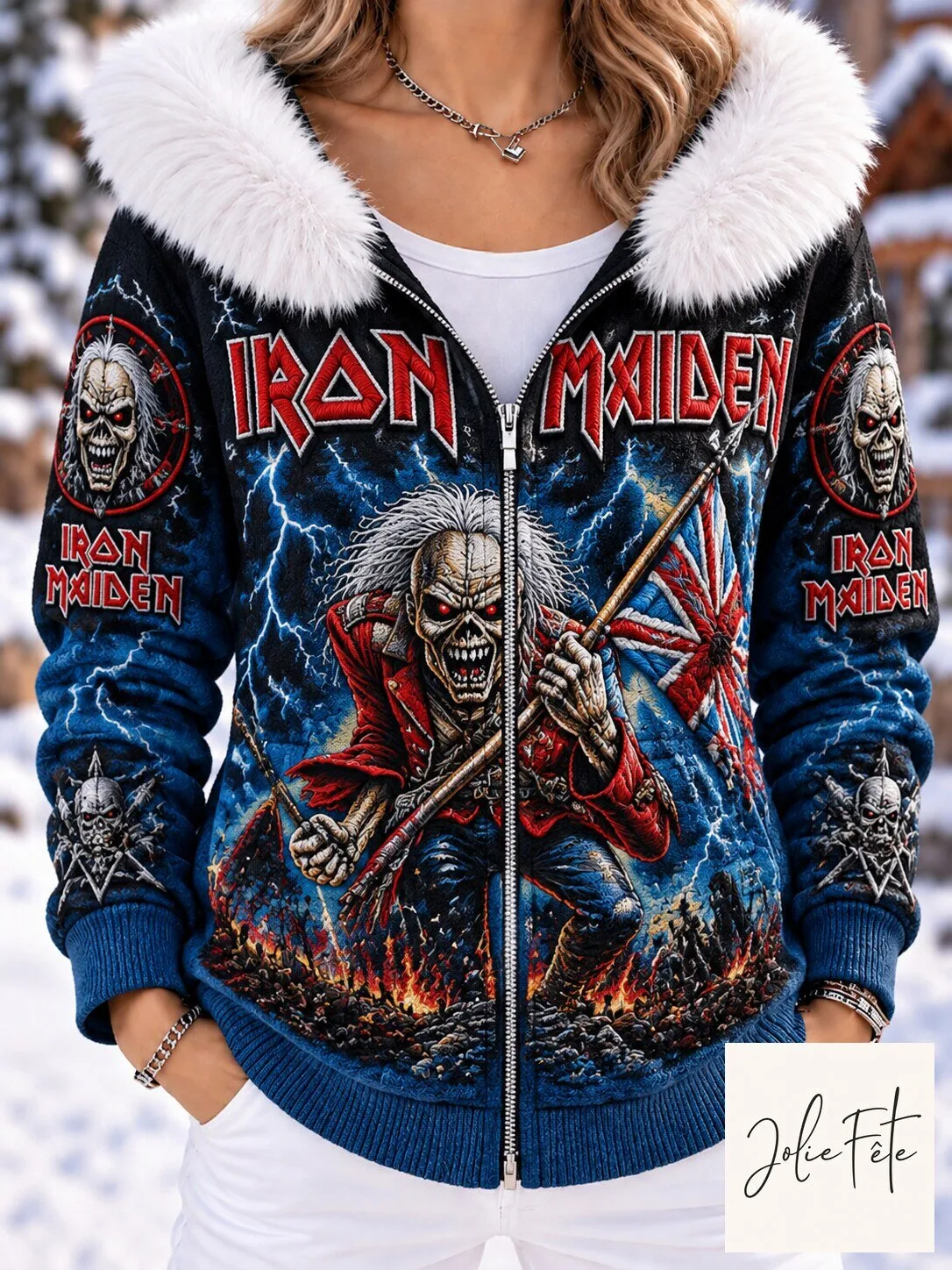 Iron Maiden Eddie The Trooper Heavy Metal Band Faux Fur Trimmed Hoodie