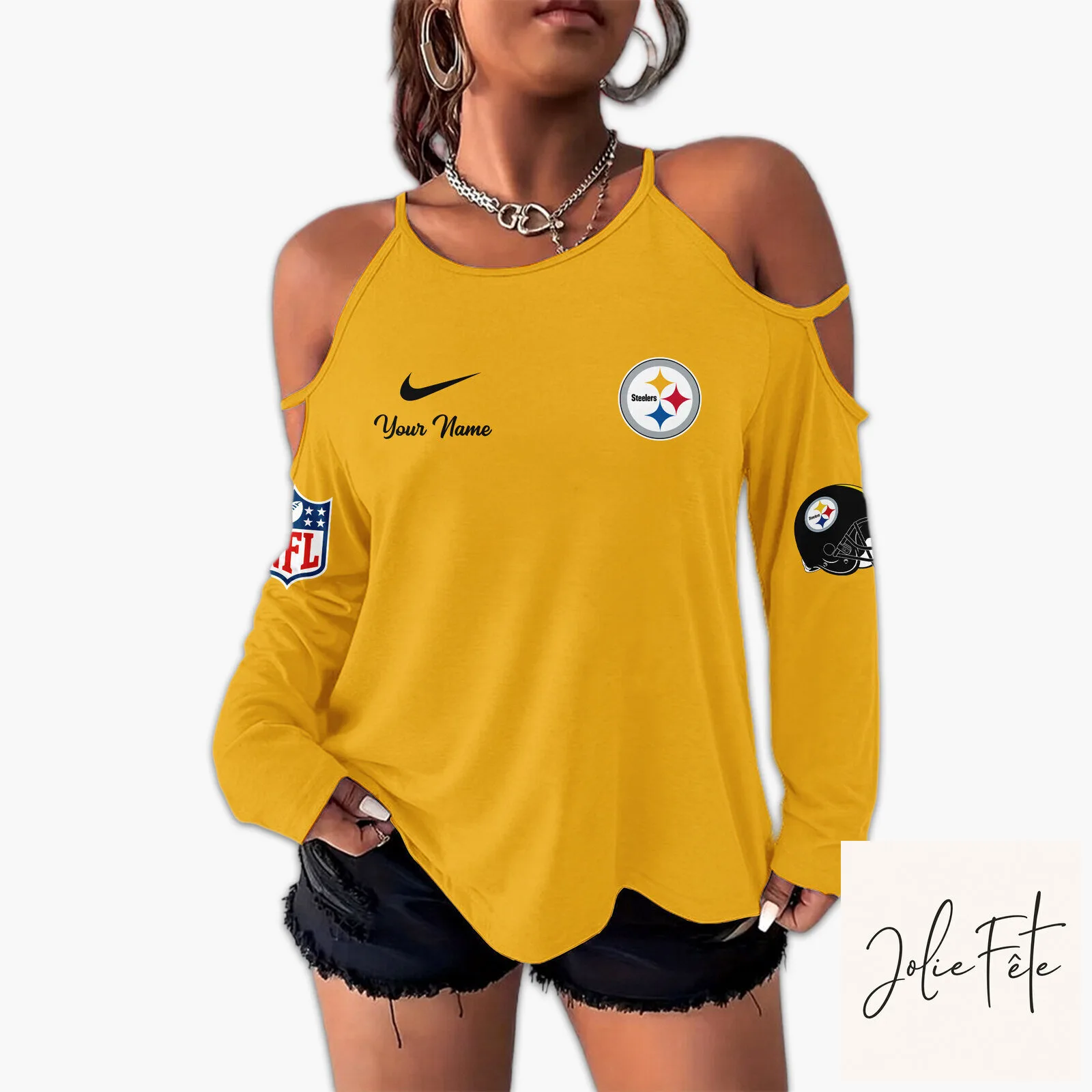 Pittsburgh Steelers NFL Women's Gold Cold Shoulder Long Sleeve T-Shirt