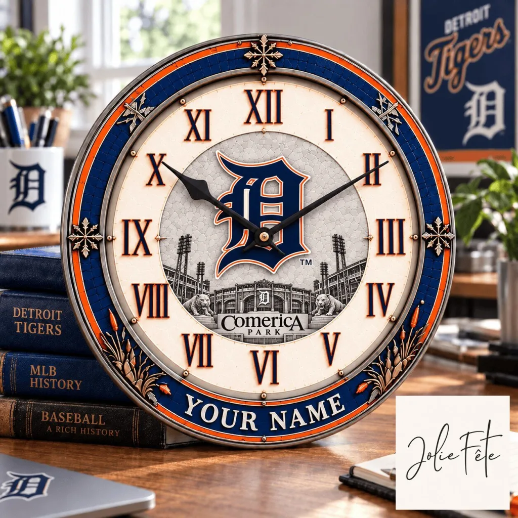 Detroit Tigers MLB Baseball Team Personalized Round Wall Clock with Roman Numerals