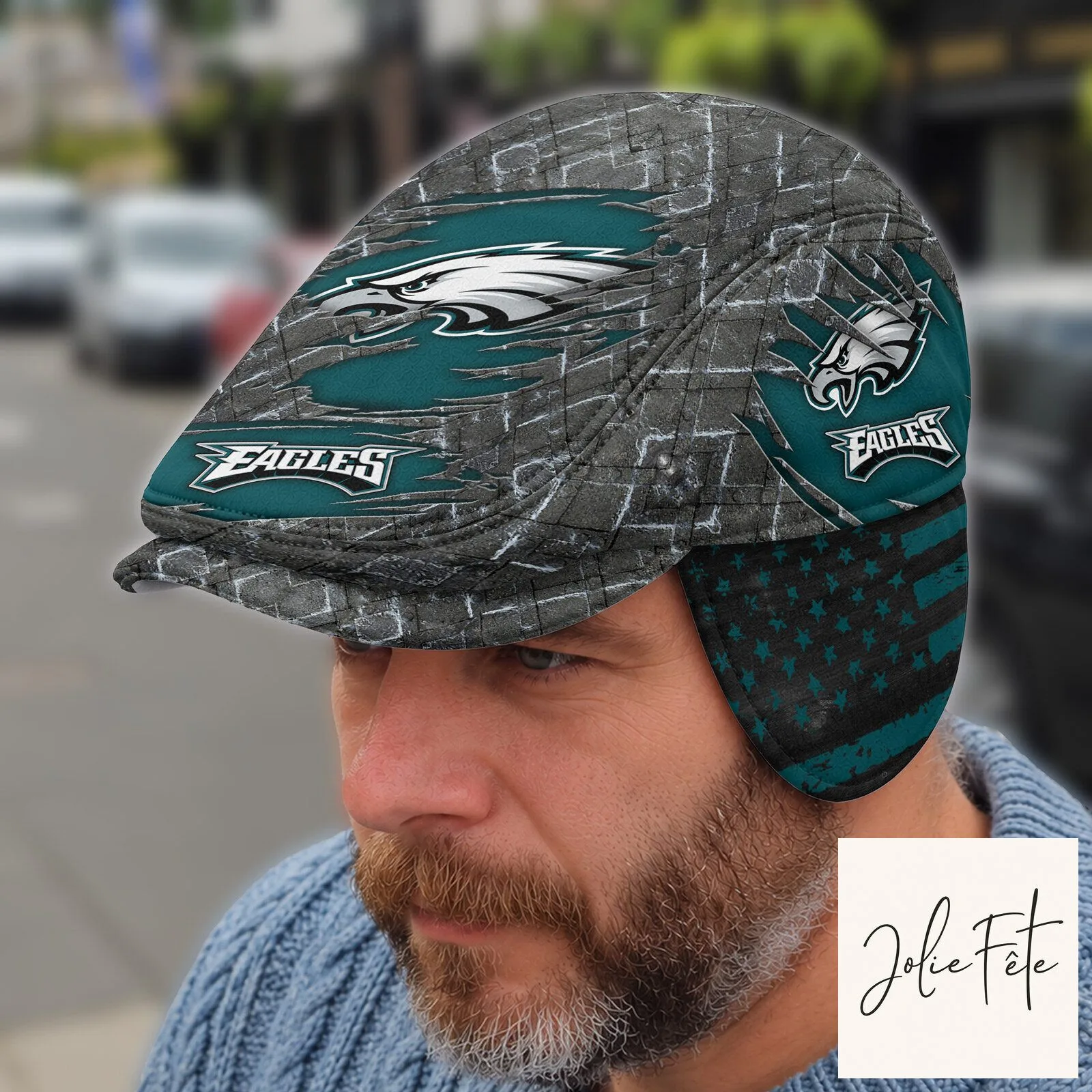 Philadelphia Eagles Distressed Brick Pattern Flat Cap with Ear Flaps