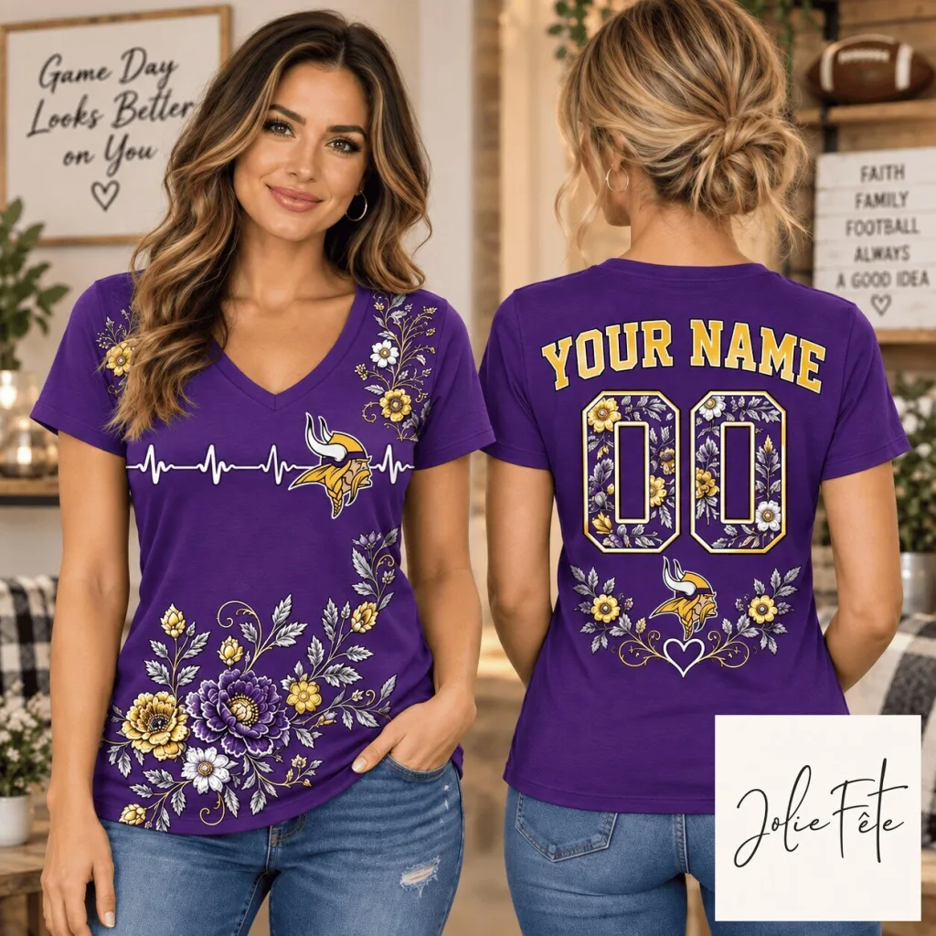 Minnesota Vikings Personalized Floral V-Neck T-Shirt for Football 1D Fan Minnesota Vikings Personalized Floral V-Neck T-Shirt for Football 1D Fan