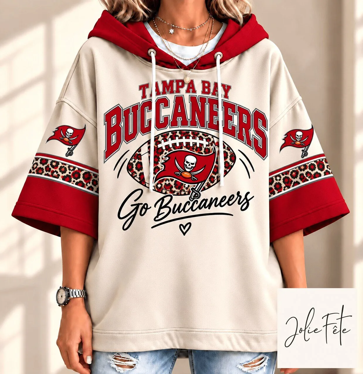 Tampa Bay Buccaneers Football Leopard Print Oversized Short Sleeve Hoodie