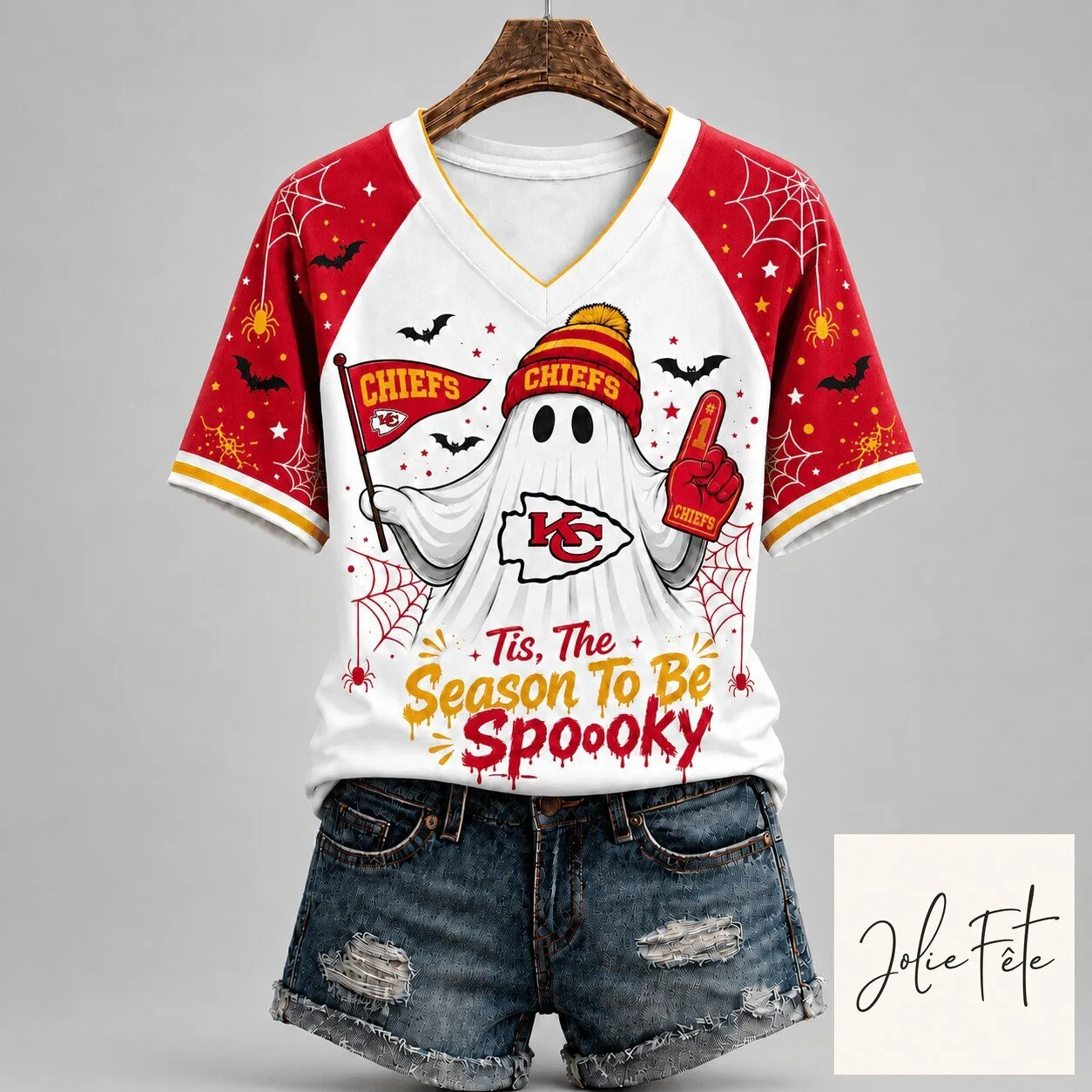 Spooky Season Kansas City Chiefs Ghost Halloween Game Day V-Neck T-Shirt