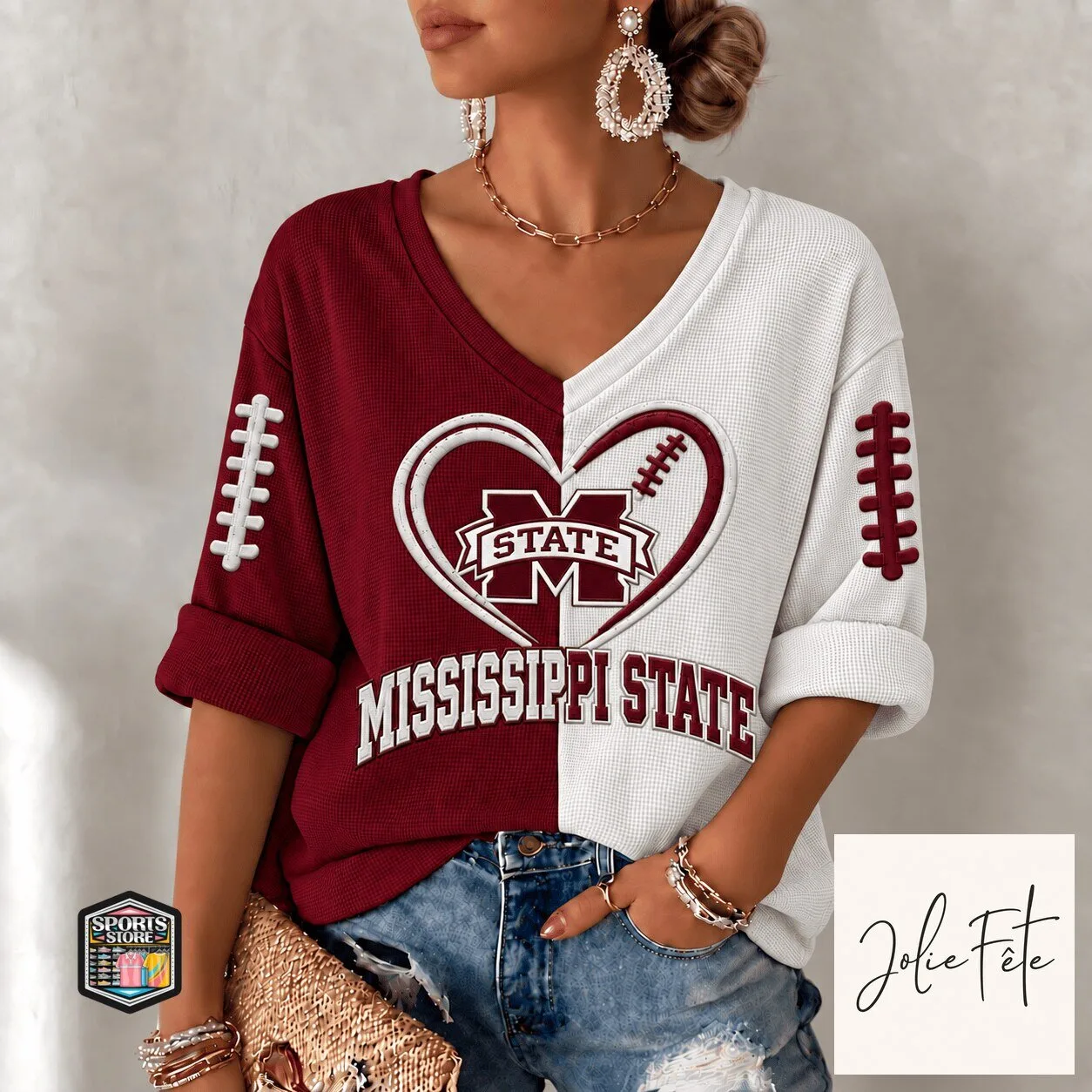 Mississippi State Bulldogs Football Heart V-Neck Waffle Knit T-Shirt 1 Mississippi State Bulldogs Football Heart V-Neck Waffle Knit T-Shirt