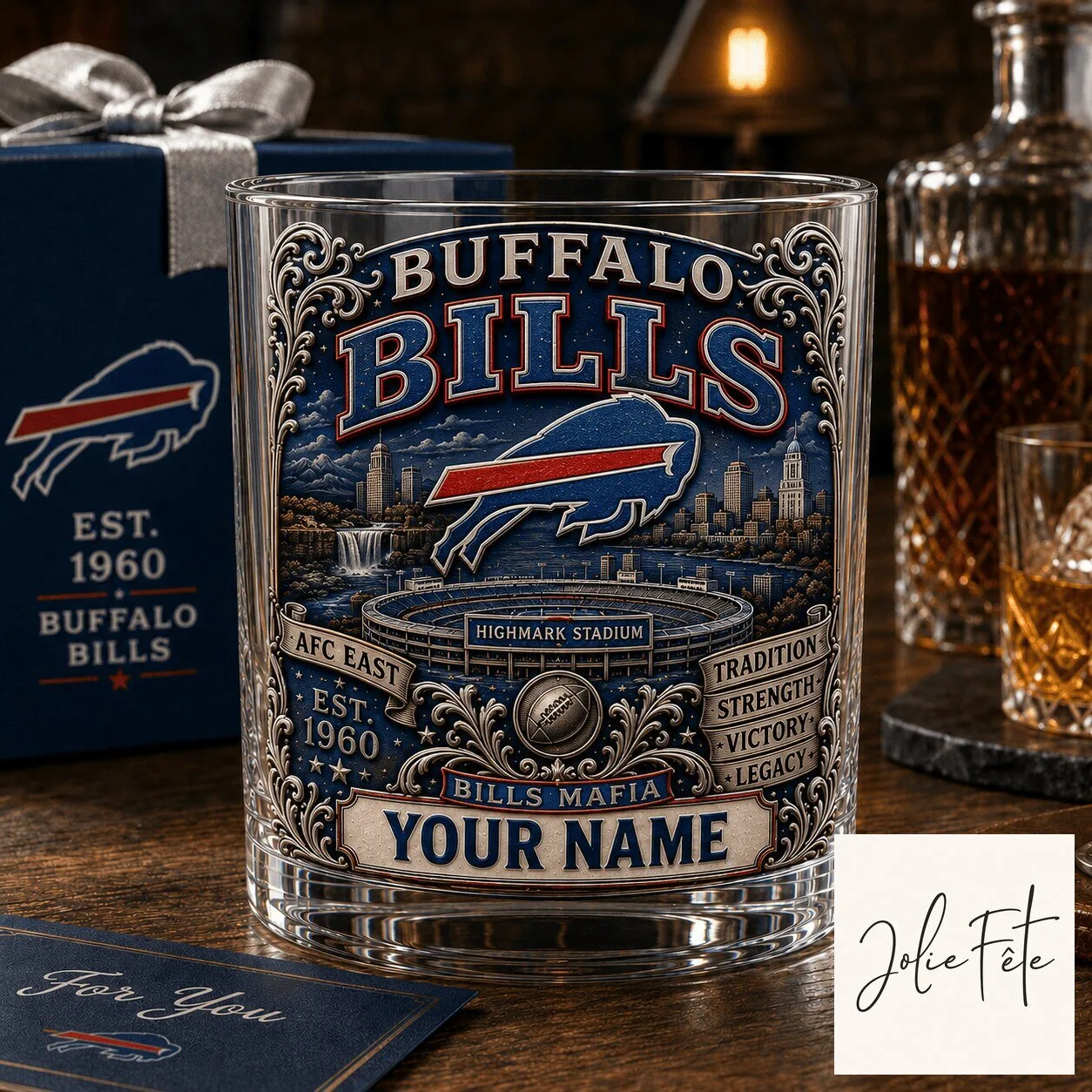 Buffalo Bills NFL Custom Name Whiskey Glass, Personalized Football Fan Gift