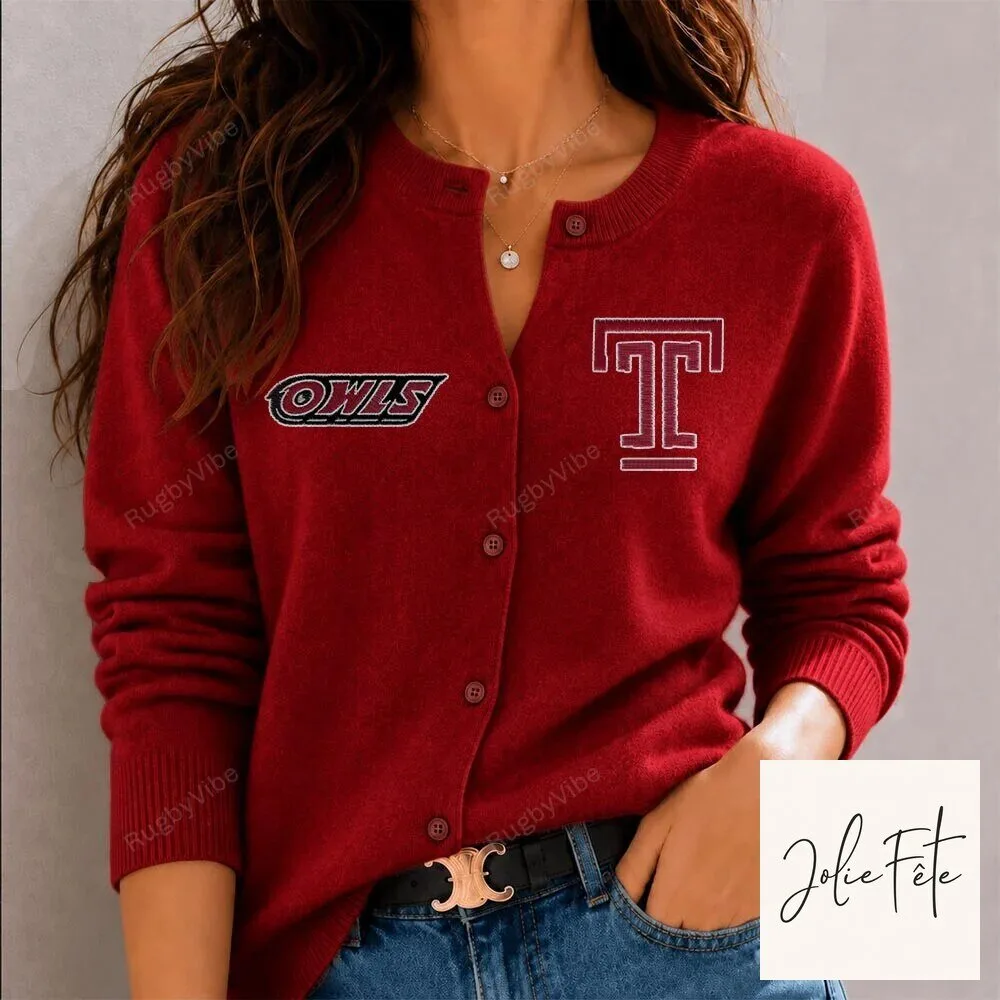 Temple Owls University Logo Women's Red Button-Up Cardigan Sweater