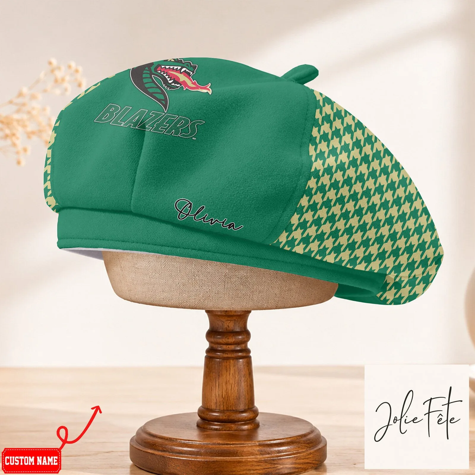 UAB Blazers Custom Name Green Houndstooth Beret Hat for Women 11 UAB Blazers Custom Name Green Houndstooth Beret Hat for Women