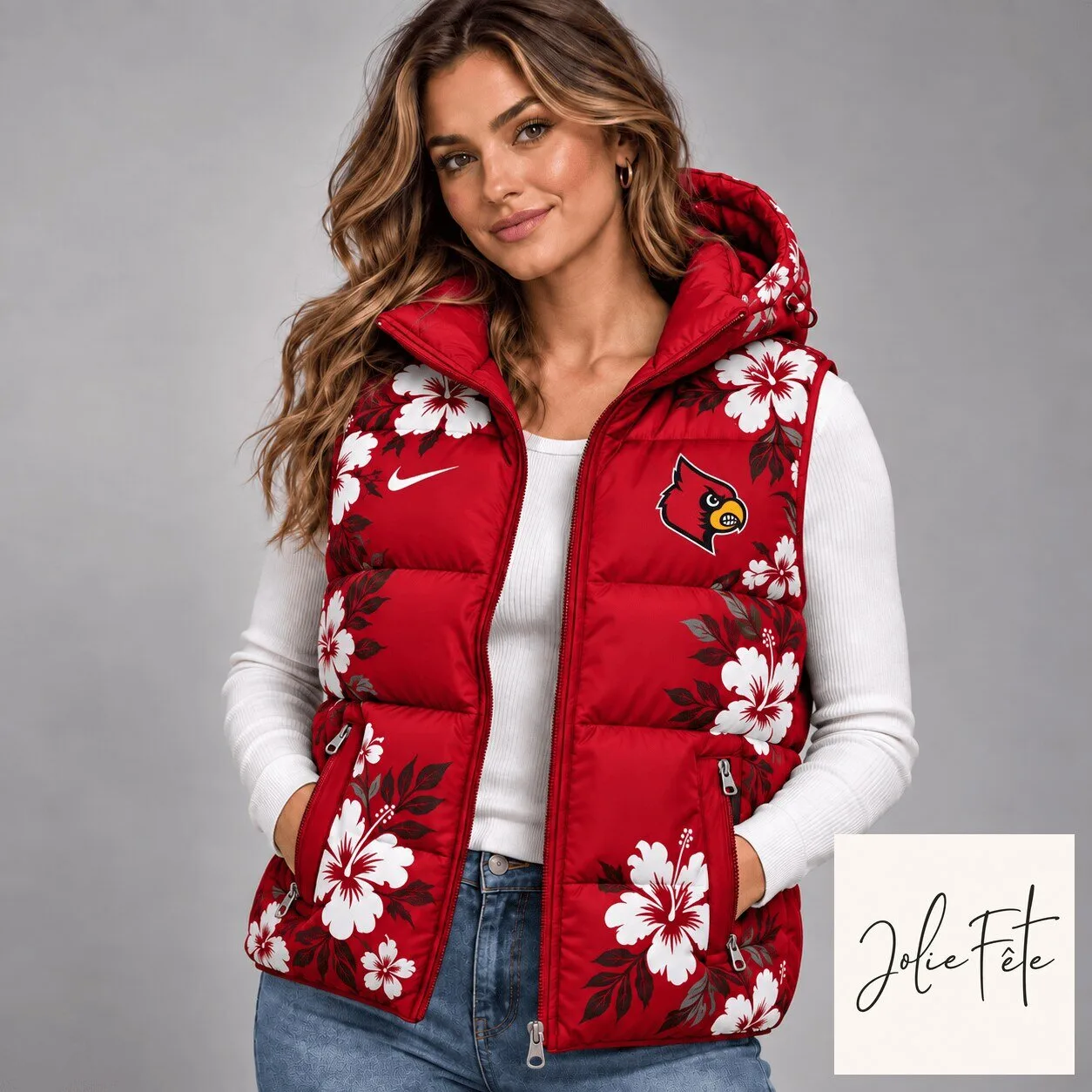 Louisville Cardinals Floral Print Red Hooded Puffer Vest