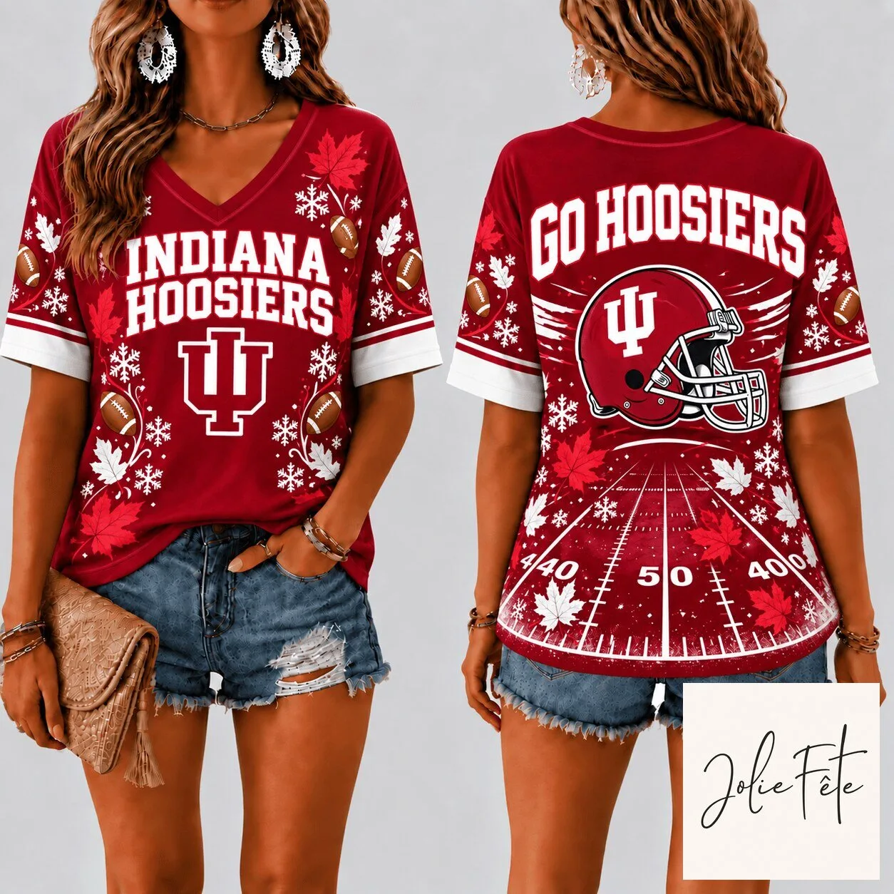 Indiana Hoosiers Football Fall Season V-Neck Short Sleeve T-Shirt