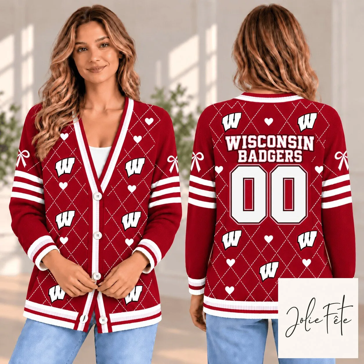 Wisconsin Badgers NCAA Personalized Team Spirit Argyle Cardigan Sweater