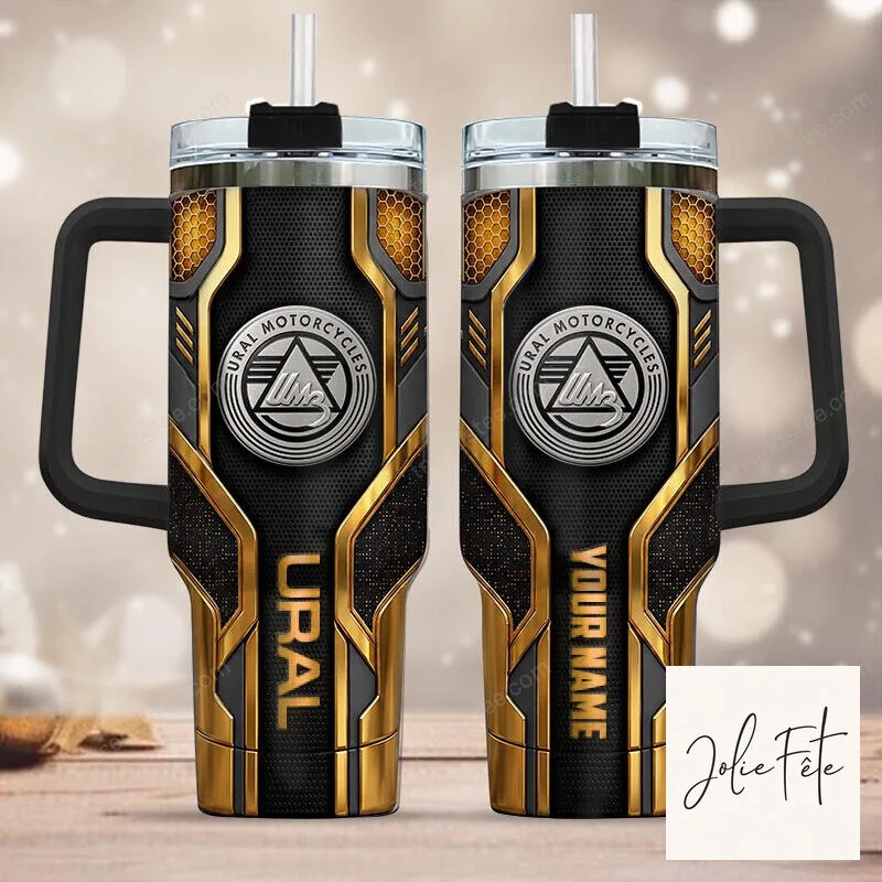 Ural Motorcycles Logo Personalized Name Insulated Stainless Steel Tumbler with Handle