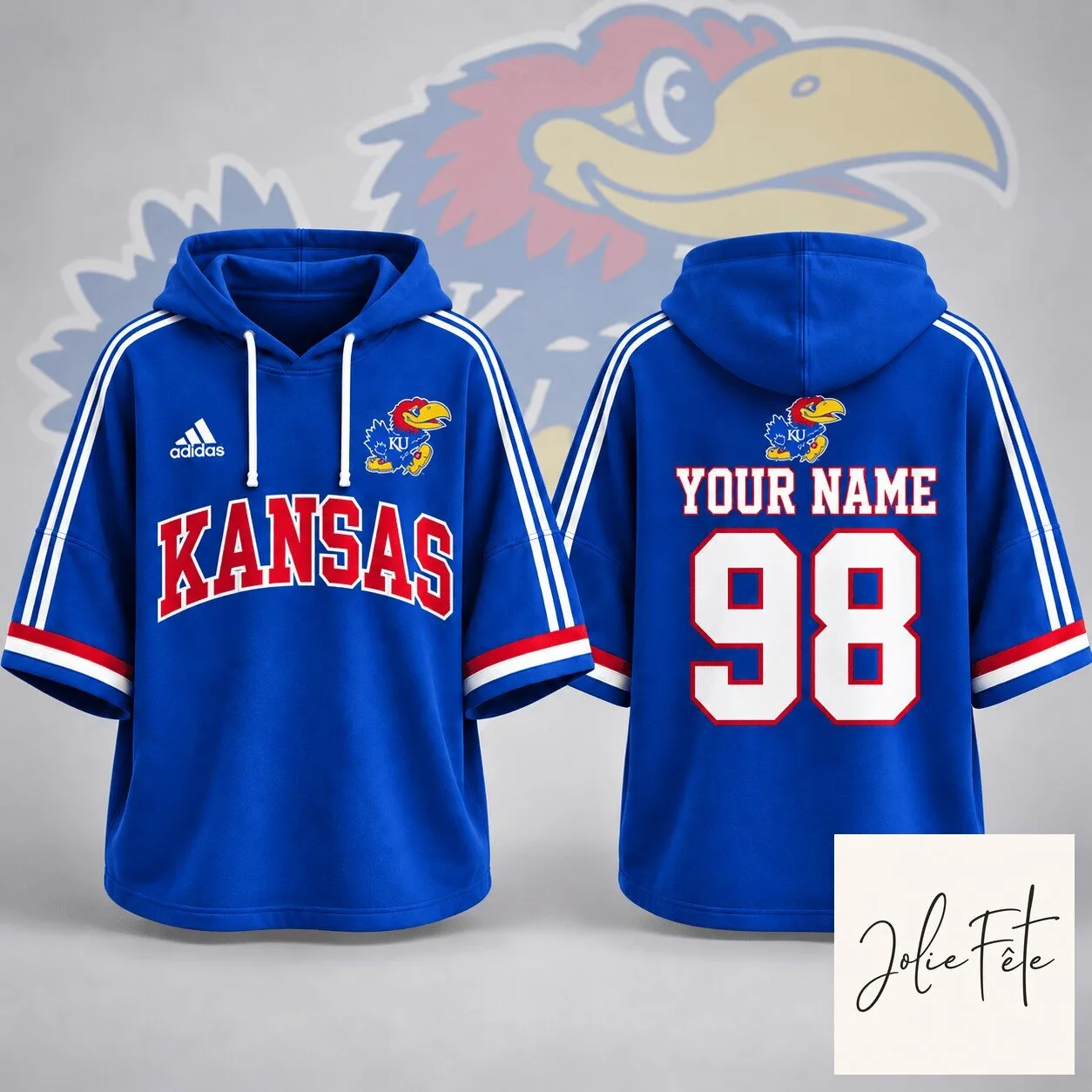 Kansas Jayhawks Adidas Personalized Blue Short Sleeve Hoodie