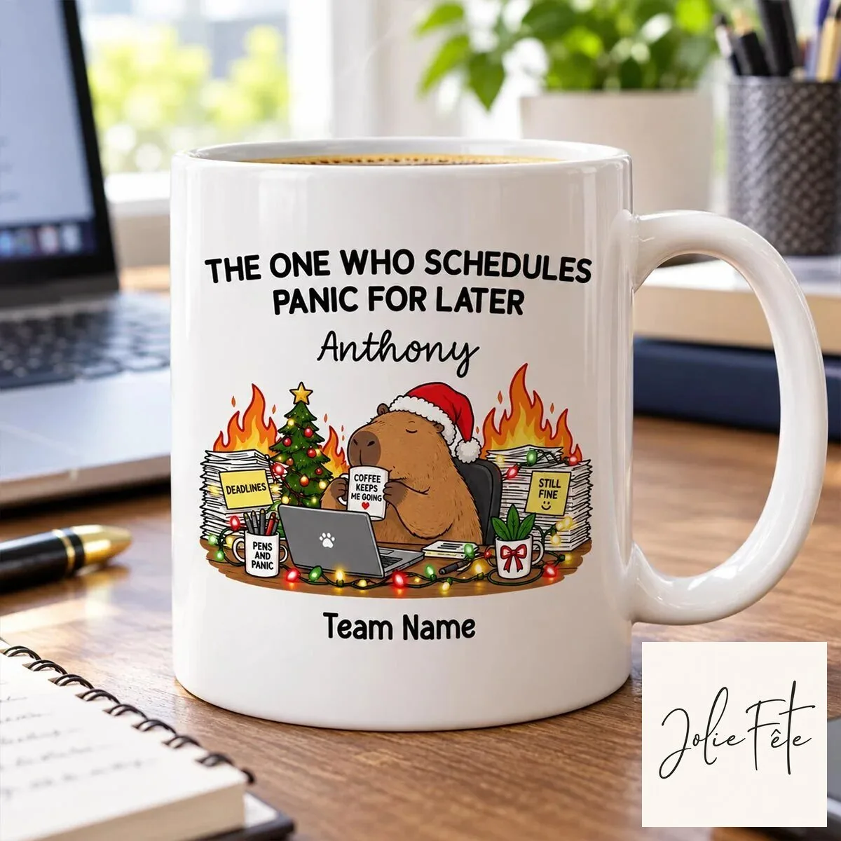 Personalized The One Who Schedules Panic For Later Capybara Christmas Mug