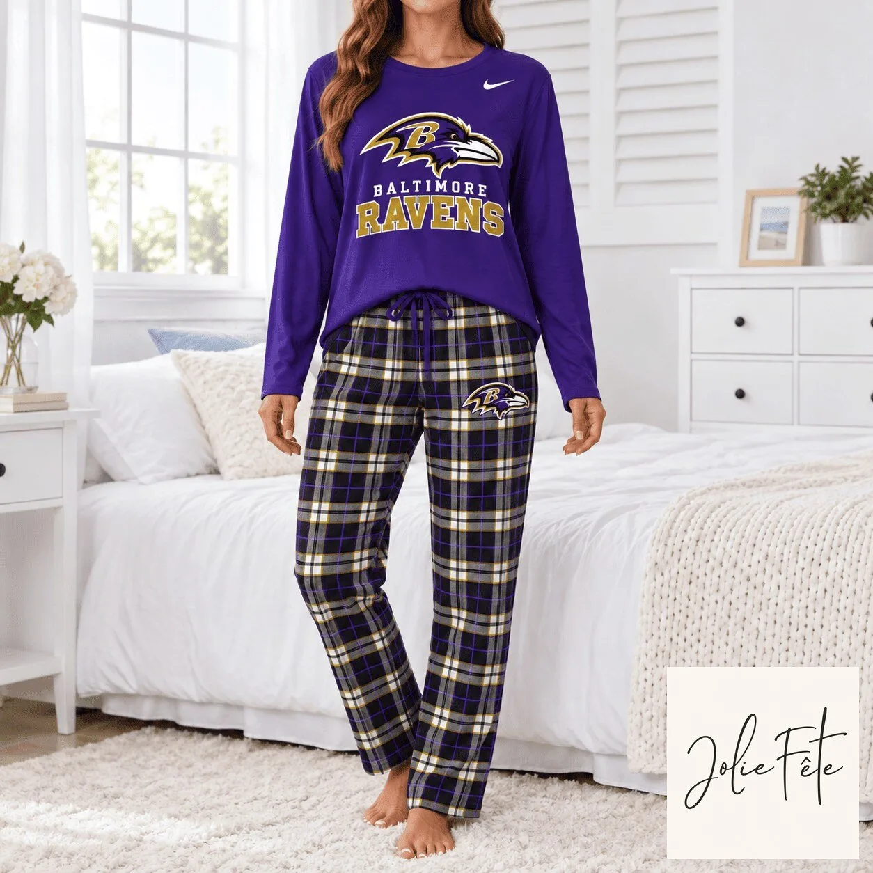 Baltimore Ravens Plaid Long Sleeve Shirt and Pants Pajama Set for Women 1 Baltimore Ravens Plaid Long Sleeve Shirt and Pants Pajama Set for Women