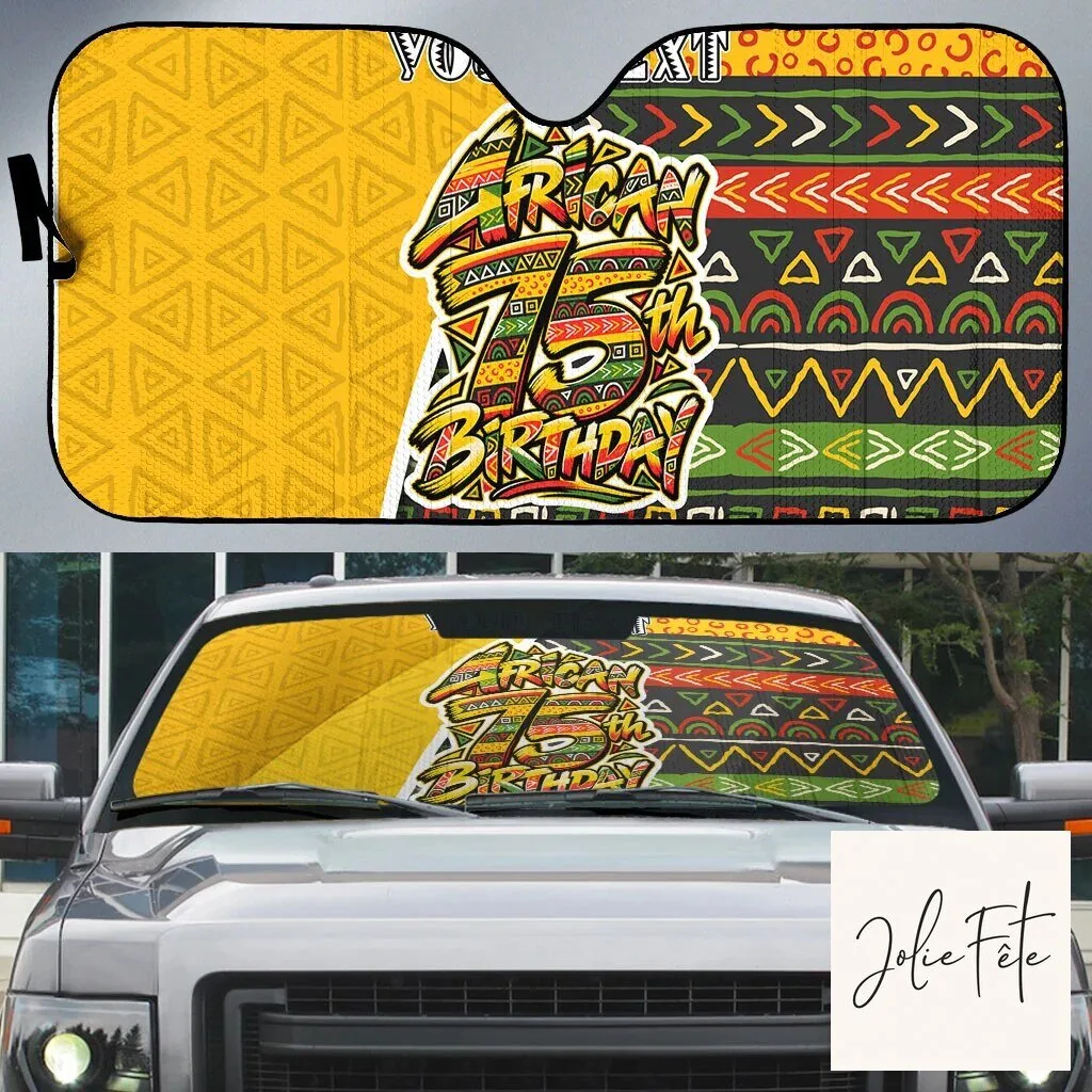 Personalized African 75th Birthday Car Sunshade with Colorful Tribal Geometric Heritage Pattern