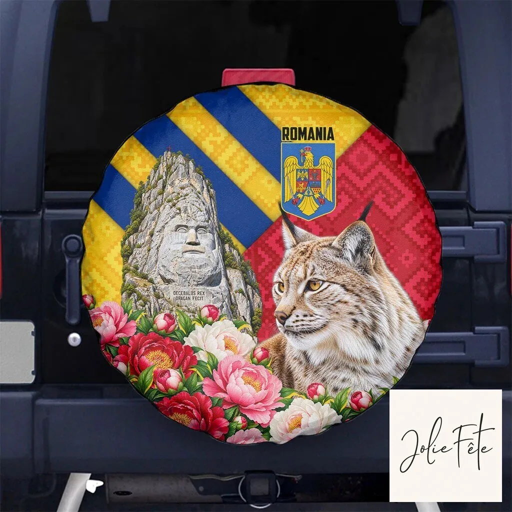Romania Lynx and Decebalus Rex Peony Floral Traditional Folk Pattern Tire Cover