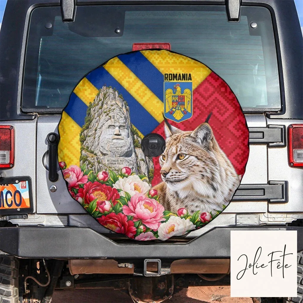 Romania Lynx and Decebalus Rex Peony Floral Traditional Folk Pattern Tire Cover 9 Romania Lynx and Decebalus Rex Peony Floral Traditional Folk Pattern Tire Cover