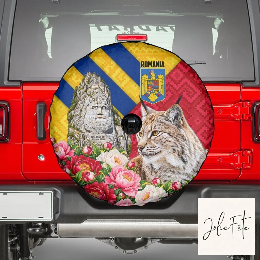 Romania Lynx and Decebalus Rex Peony Floral Traditional Folk Pattern Tire Cover 10 Romania Lynx and Decebalus Rex Peony Floral Traditional Folk Pattern Tire Cover
