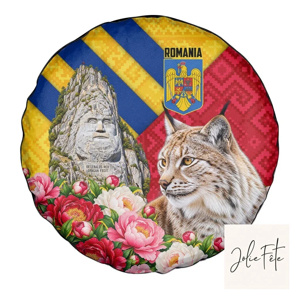 Romania Lynx and Decebalus Rex Peony Floral Traditional Folk Pattern Tire Cover 11 Romania Lynx and Decebalus Rex Peony Floral Traditional Folk Pattern Tire Cover
