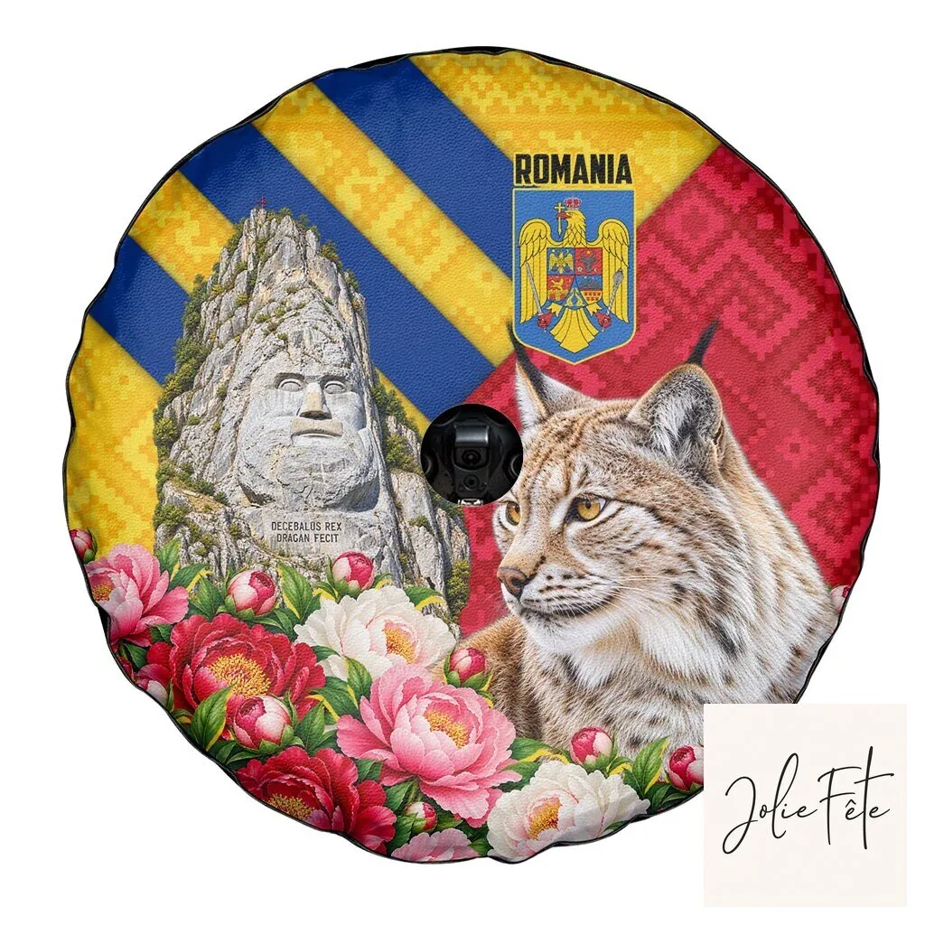 Romania Lynx and Decebalus Rex Peony Floral Traditional Folk Pattern Tire Cover 12 Romania Lynx and Decebalus Rex Peony Floral Traditional Folk Pattern Tire Cover