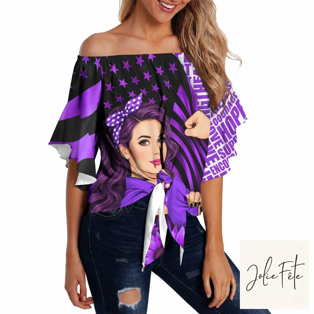 Domestic Violence Awareness Purple Ribbon Sunflower Flag Off Shoulder Top