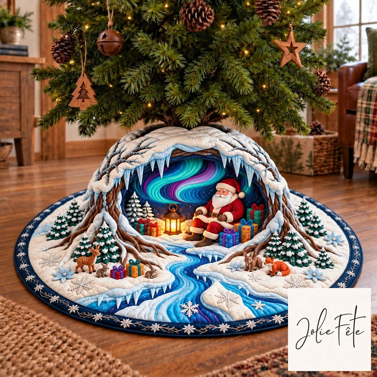 Christmas Santa Claus Aurora Ice Cave Quilted Tree Skirt