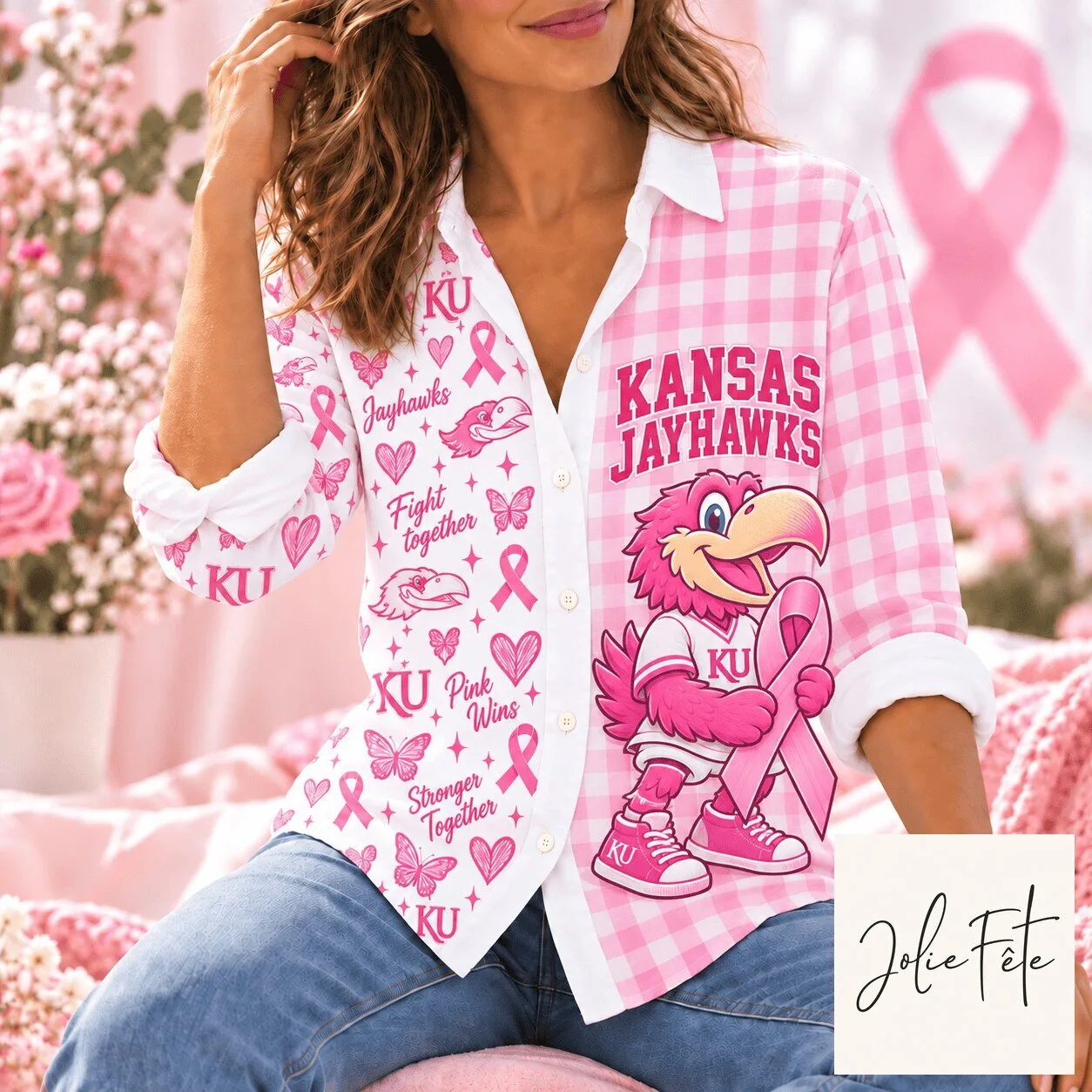 Kansas Jayhawks Breast Cancer Awareness Pink Gingham Button-Up Shirt