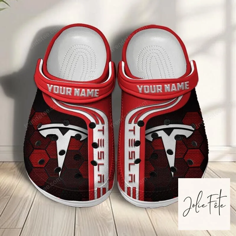 Tesla Logo Red and Black Hexagon Pattern Custom Name Crocs Shoes