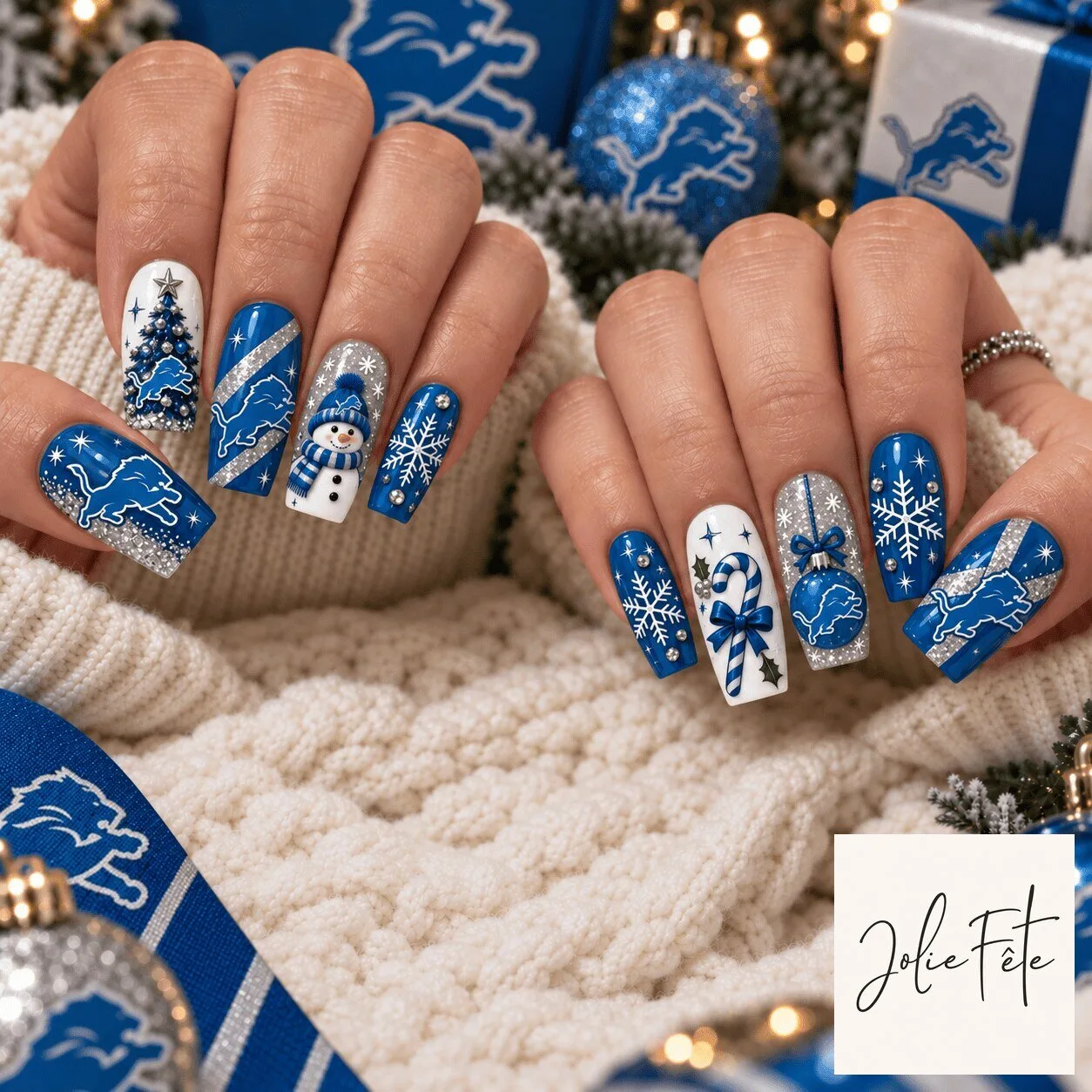 Detroit Lions NFL Christmas Spirit Festive Press-On Nails Set