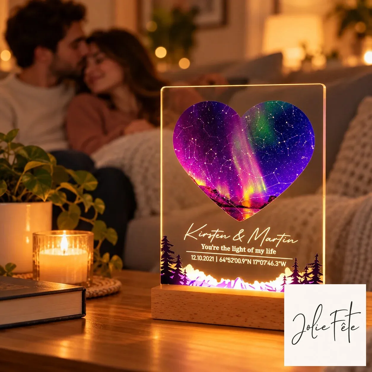 Personalized Heart Star Map LED Night Light with Custom Names and Date for Couples